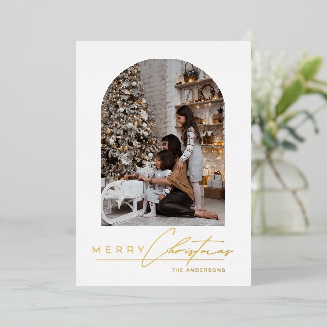 Modern Minimal Script Arch Photo Gold Christmas (Standing Front)