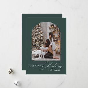 Modern Minimal Script Arch Photo Green Christmas Holiday Card