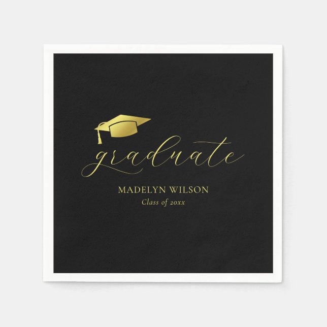 Modern Minimal Script Black Gold Graduation Party Napkin (Front)