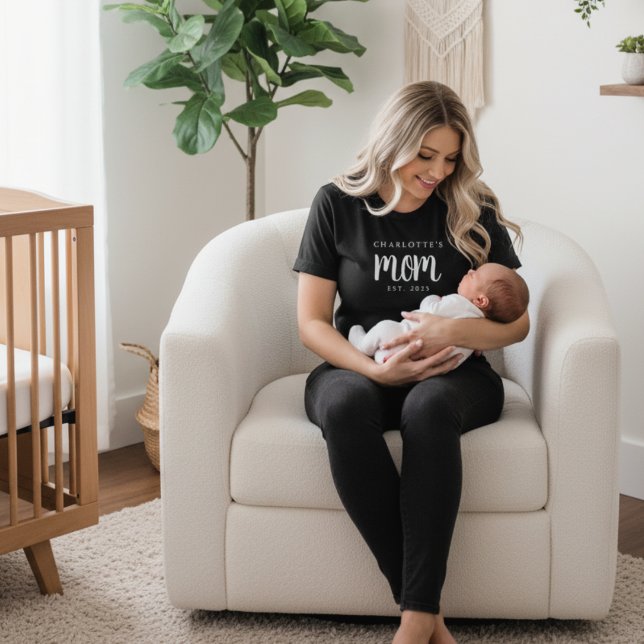 Modern Minimal Script Established Mum Custom Name T-Shirt (modern minimal black and white new mom child's name or baby name established date custom tshirt gift)