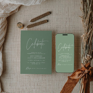 Modern minimal script geometric sage green invitation