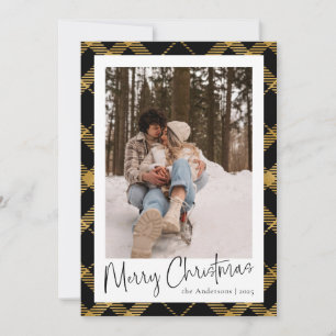 Modern Minimal Script Gold Plaid Christmas Photo Holiday Card
