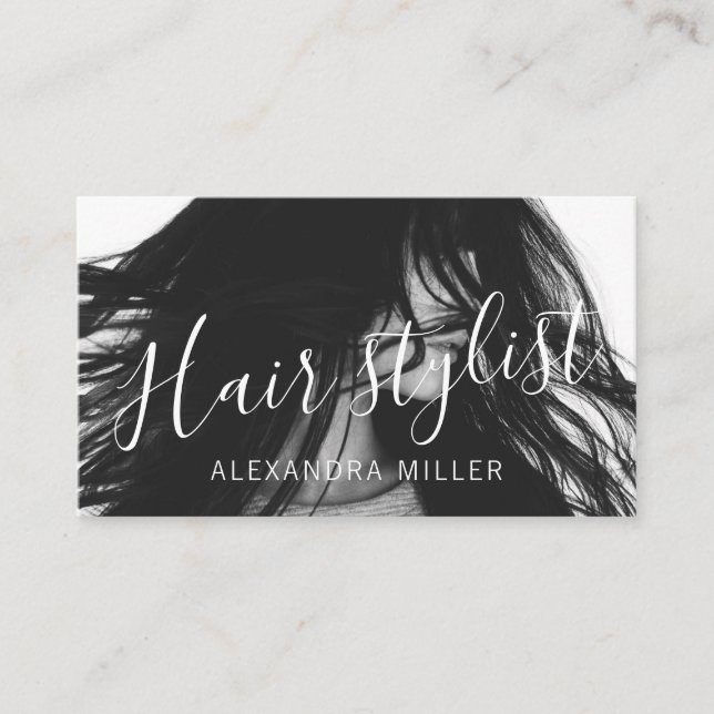 Modern minimal script hair stylist photo business card (Front)