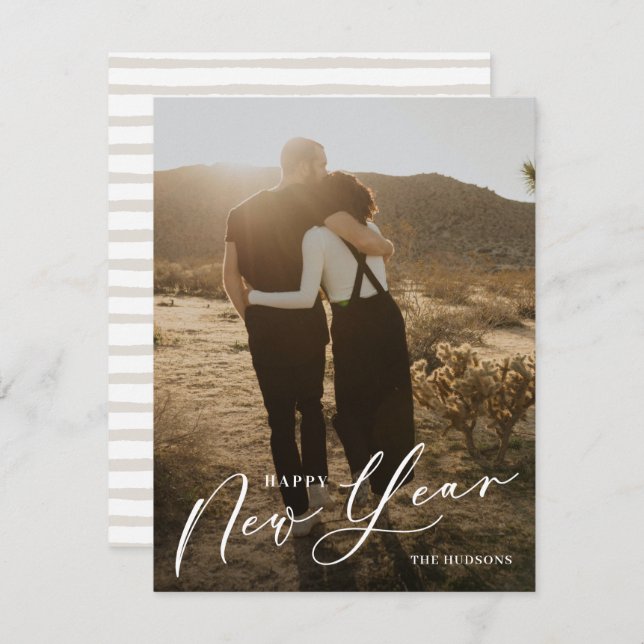 Modern Minimal Script Happy New Year Photo Holiday (Front/Back)