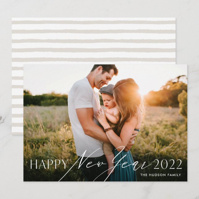 Modern Minimal Script Happy New Year Photo Holiday Card (Front/Back)