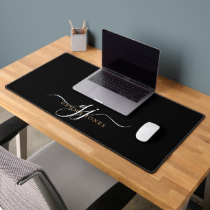 Modern Minimal Script Monogram Black Desk Mat