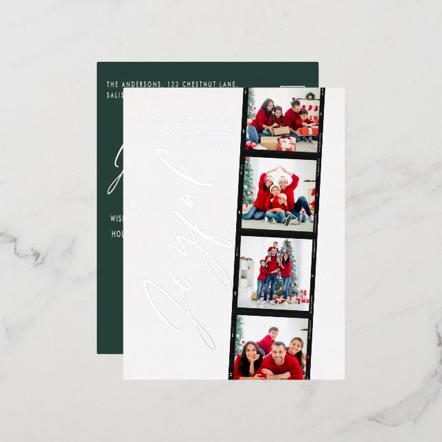 Modern minimal script multi photo Christmas green Foil Holiday Postcard (Front/Back)