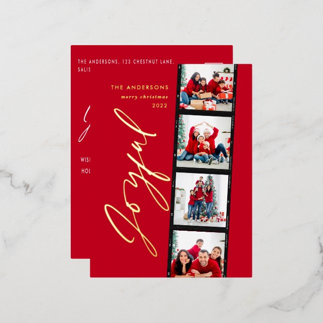 Modern minimal script multi photo christmas red fo foil holiday postcard (Front/Back)