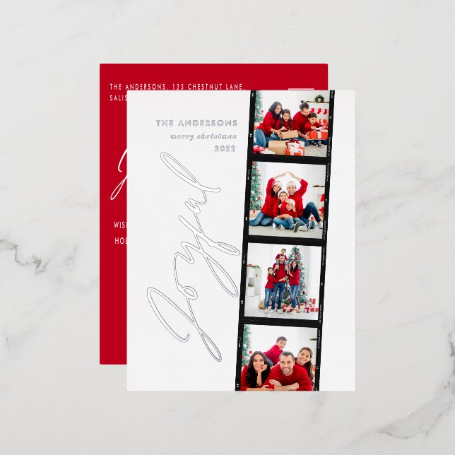 Modern minimal script multi photo christmas red foil holiday postcard (Front/Back)