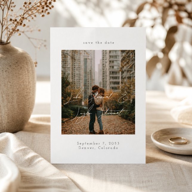 Modern Minimal Script Over Photo Wedding  Save The Date (Creator Uploaded)