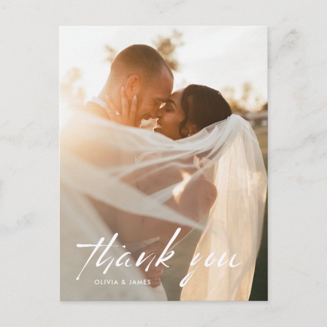 Modern Minimal Script Photo Wedding Thank You  Postcard (Front)