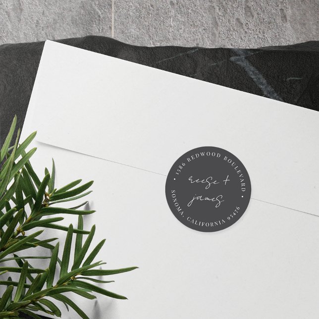 Modern Minimal Script Wedding Return Address Classic Round Sticker (Creator Uploaded)