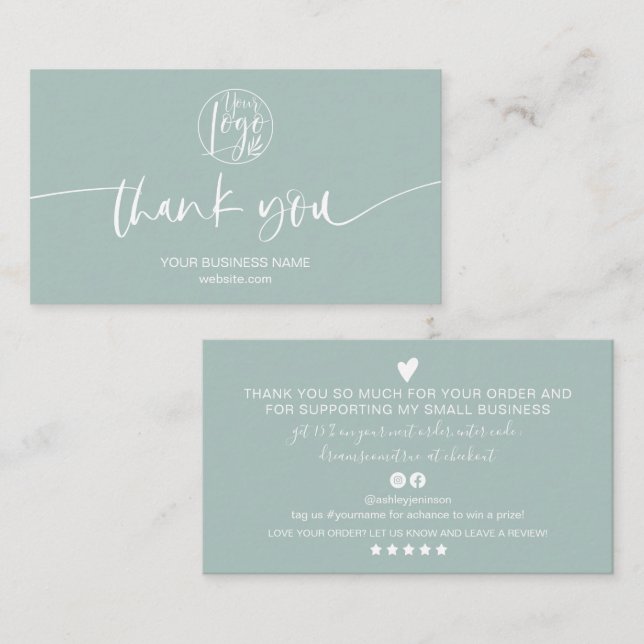 Modern minimal sea blue script order thank you business card (Front/Back)