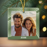 Modern Minimal Shades of Juniper Stripes - Photo Ceramic Ornament<br><div class="desc">Front - A gallery style photo with with a simple,  clean retro stripe arch in shades of juniper green and an area to add a date or names. Add your favourite selfie or family snapshot.</div>