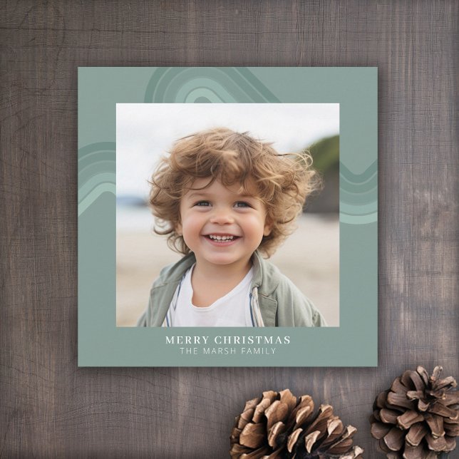 Modern Minimal Shades of Steel Blue Stripes Photo Holiday Card (Retro Pastel Stripes Holiday card with one photo)