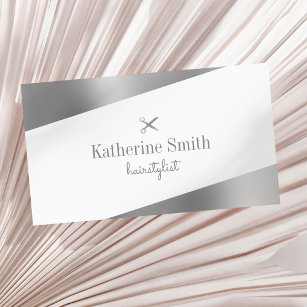 Modern minimal silver & white scissors hairstylist business card