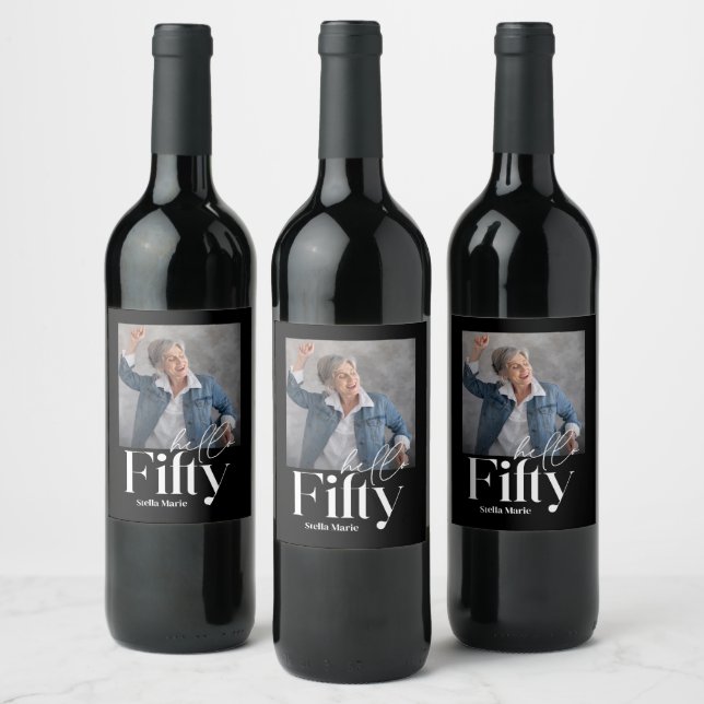 Modern minimal simple black 50th birthday wine label (Bottles)
