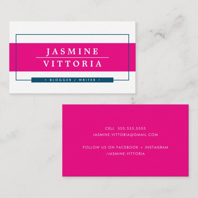MODERN MINIMAL simple border bright pink navy Business Card (Front/Back)