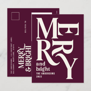 Modern minimal simple burgundy merry Christmas Holiday Postcard