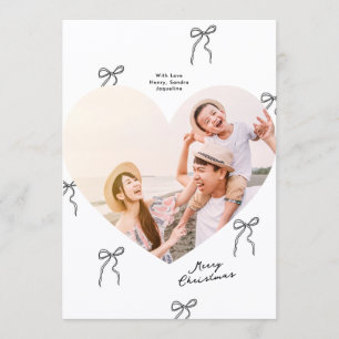 Modern Minimal Simple Cute Bows Heart Shaped Photo Holiday Card