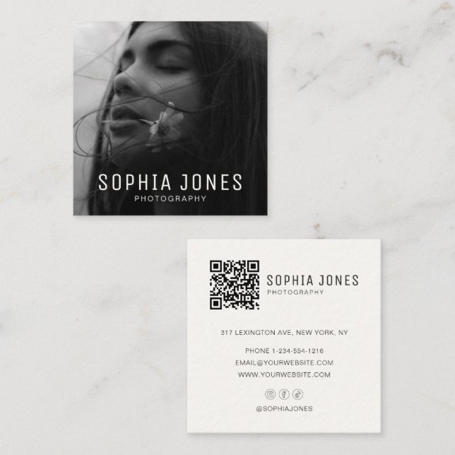 Modern Minimal Simple Photo QR Code Professional Square Business Card (Front/Back)