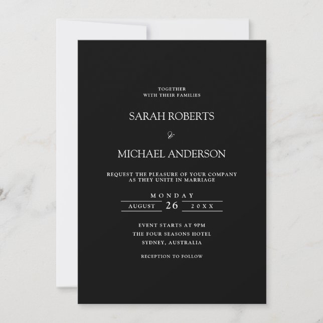 Modern Minimal Simple Script Black Tie Wedding Invitation (Front)