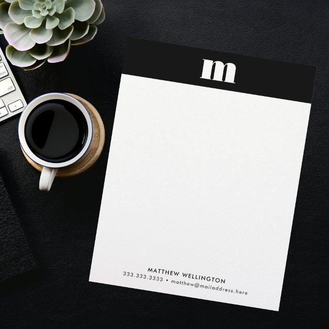 Modern Minimal Solid Black White Custom Monogram Letterhead (Creator Uploaded)