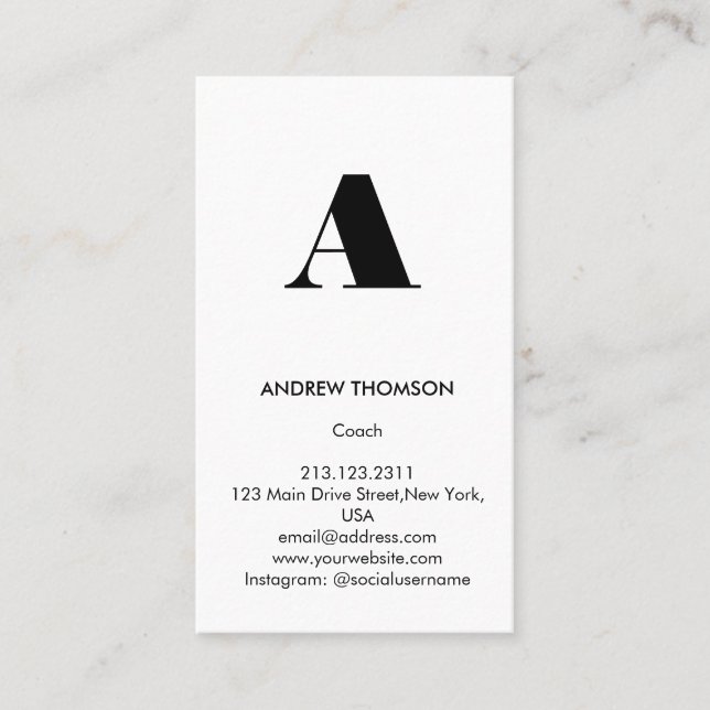 Modern Minimal Solid White Monogram Vertical Business Card (Front)