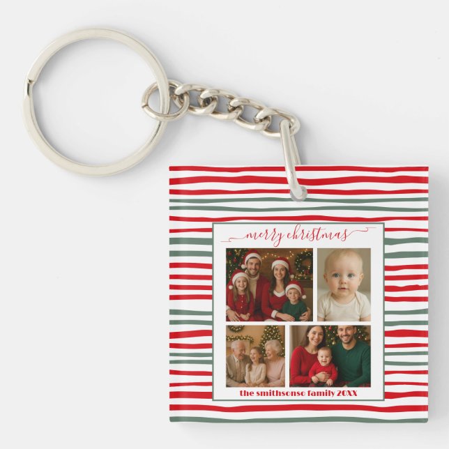 Modern Minimal Stripe family Photo Christmas gift Key Ring (Front)