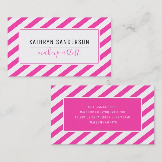 MODERN MINIMAL STRIPE simple hot pink white Business Card (Front/Back)