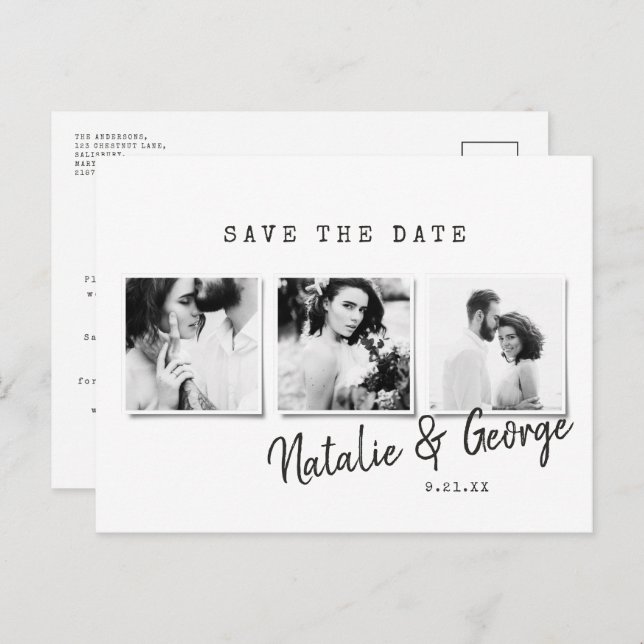 Modern minimal stylish multi photo wedding announcement postcard (Front/Back)