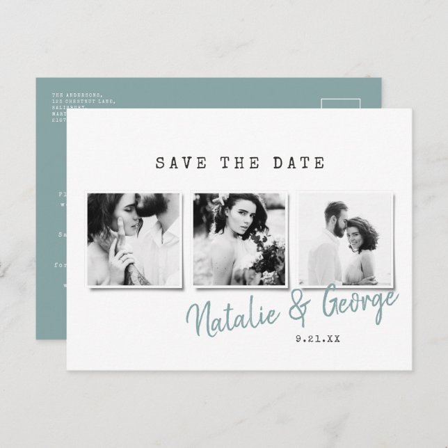 Modern minimal stylish multi photo wedding announcement postcard (Front/Back)