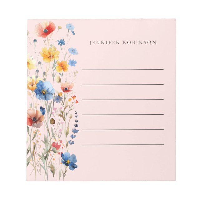 Modern Minimal Summer Wildflowers Name Blush Pink Notepad (Front)