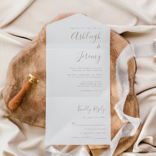 Modern Minimal Taupe Script Wedding All In One Invitation
