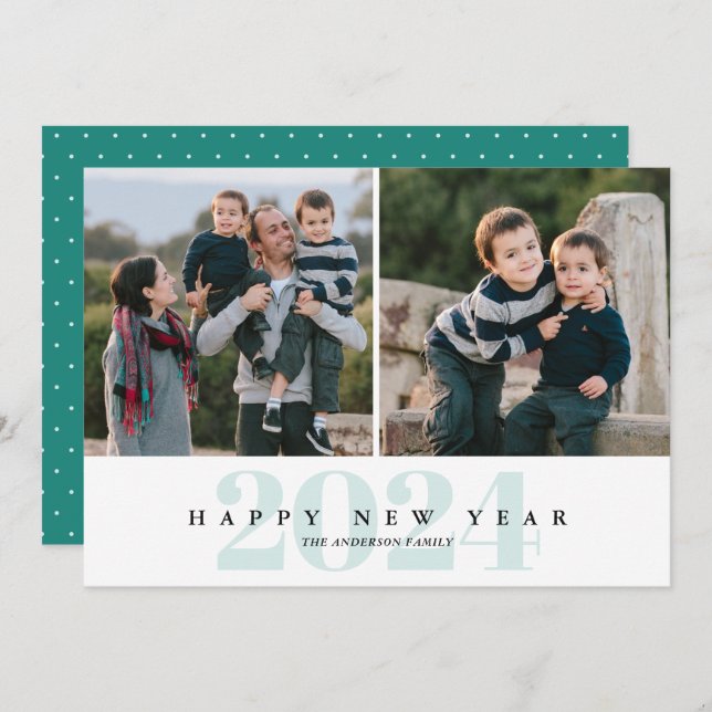 Modern Minimal Teal 2 Photo Happy New Year Holiday Card (Front/Back)