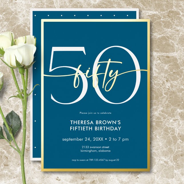 Modern Minimal Teal Fifty Script Birthday (Modern Minimal Teal Fifty Script Birthday Foil Invitation)