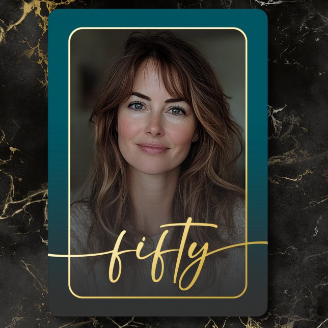 Modern Minimal Teal Photo Fiftieth Birthday (Modern Minimal Teal Photo Fiftieth Birthday Foil Invitation)