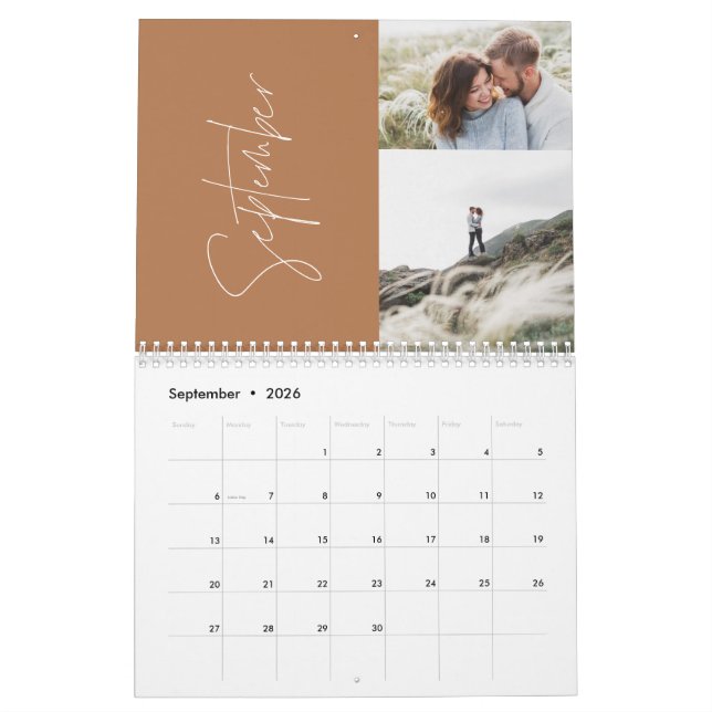 Modern minimal terracotta 2 photo family elegant calendar (Sep 2026)