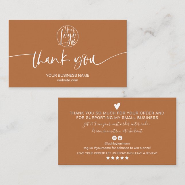 Modern minimal terracotta script order thank you business card (Front/Back)