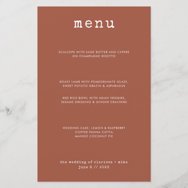 Modern Minimal Terracotta Typewriter Wedding Menu (Front)