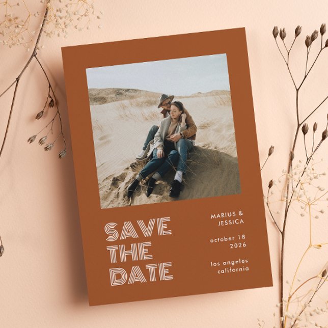 Modern Minimal Terracotta Typography Photo Wedding Save The Date (Creator Uploaded)