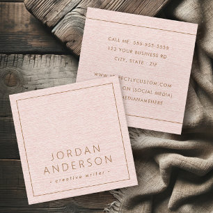 Modern minimal thin borders blush pink linen look square business card