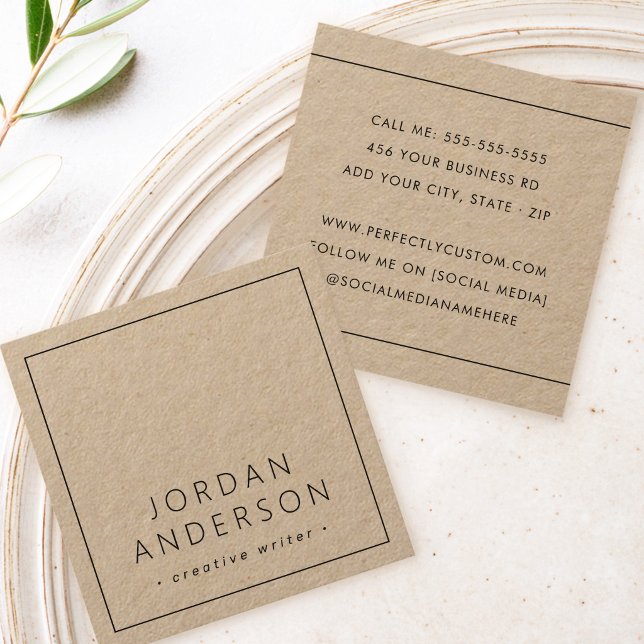 Modern minimal thin borders brown Kraft paper Square Business Card (Modern minimal thin borders brown Kraft paper Square Business Card)