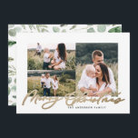 Modern minimal three photo christmas script family holiday card<br><div class="desc">Modern minimal multi photo foliage wreath year to remember gold effect script holiday Christmas card. Hand painted eucalyptus,  minimal foliage and modern rustic rattan wreath give this holiday card a luxurious feel. In classy greens,  browns and greys. 3 photo.</div>