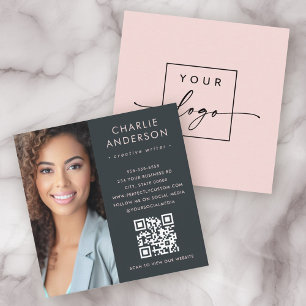 Modern minimal trendy pink grey photo square business card