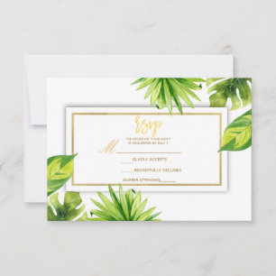 Modern Minimal Tropical Green Leaves Wedding RSVP Card