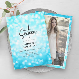 Modern Minimal Turquoise Lights Photo Sweet 16  Invitation