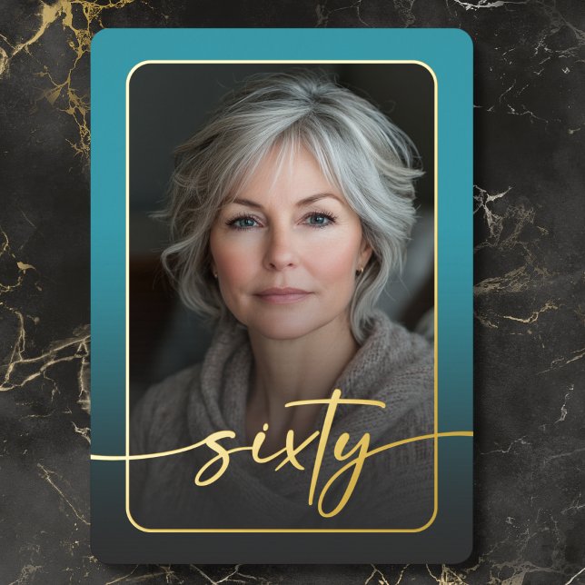 Modern Minimal Turquoise Photo Sixtieth Birthday (Modern Minimal Turquoise Photo Sixtieth Birthday Foil Invitation)