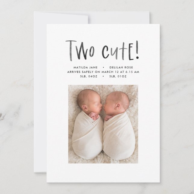 Modern minimal twin photo birth announcement (Front)