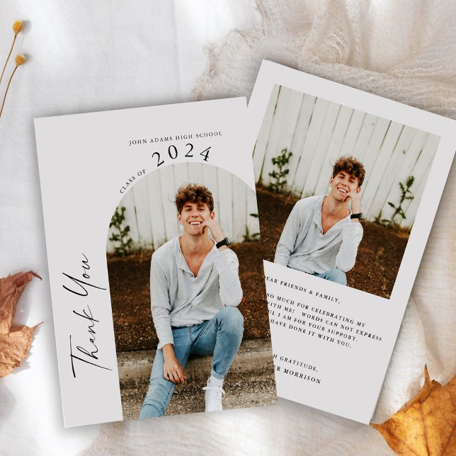 Modern Minimal Two Photo Grey Graduation  Thank You Card (Creator Uploaded)